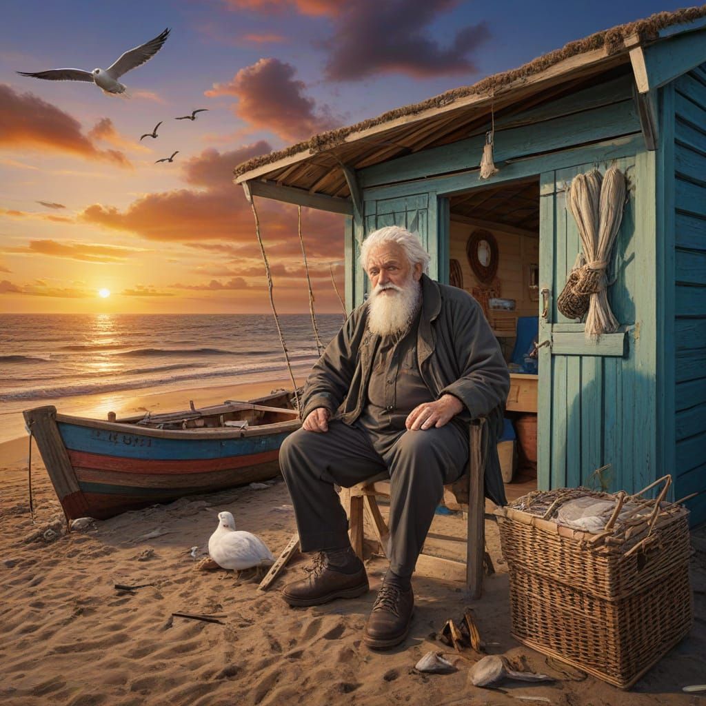 Elderly Fisherman at Sunset: A Photorealistic Painting