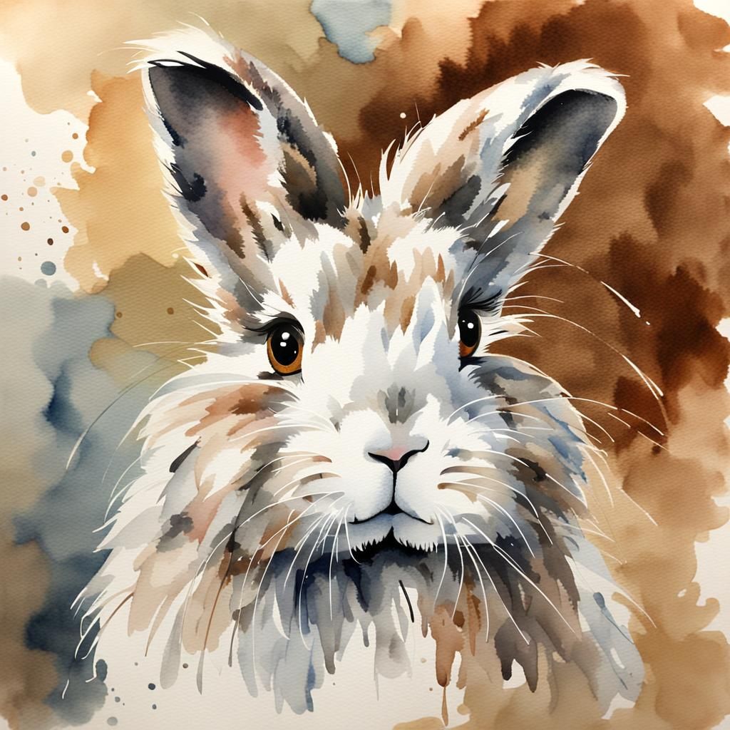 Watercolor of Adorable Brown and Silver Angora Bunny