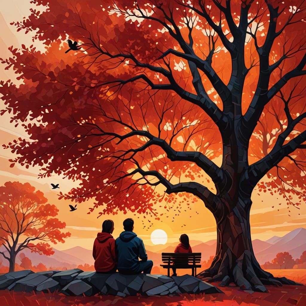 Red Tree Silhouette: Vibrant Oil Painting