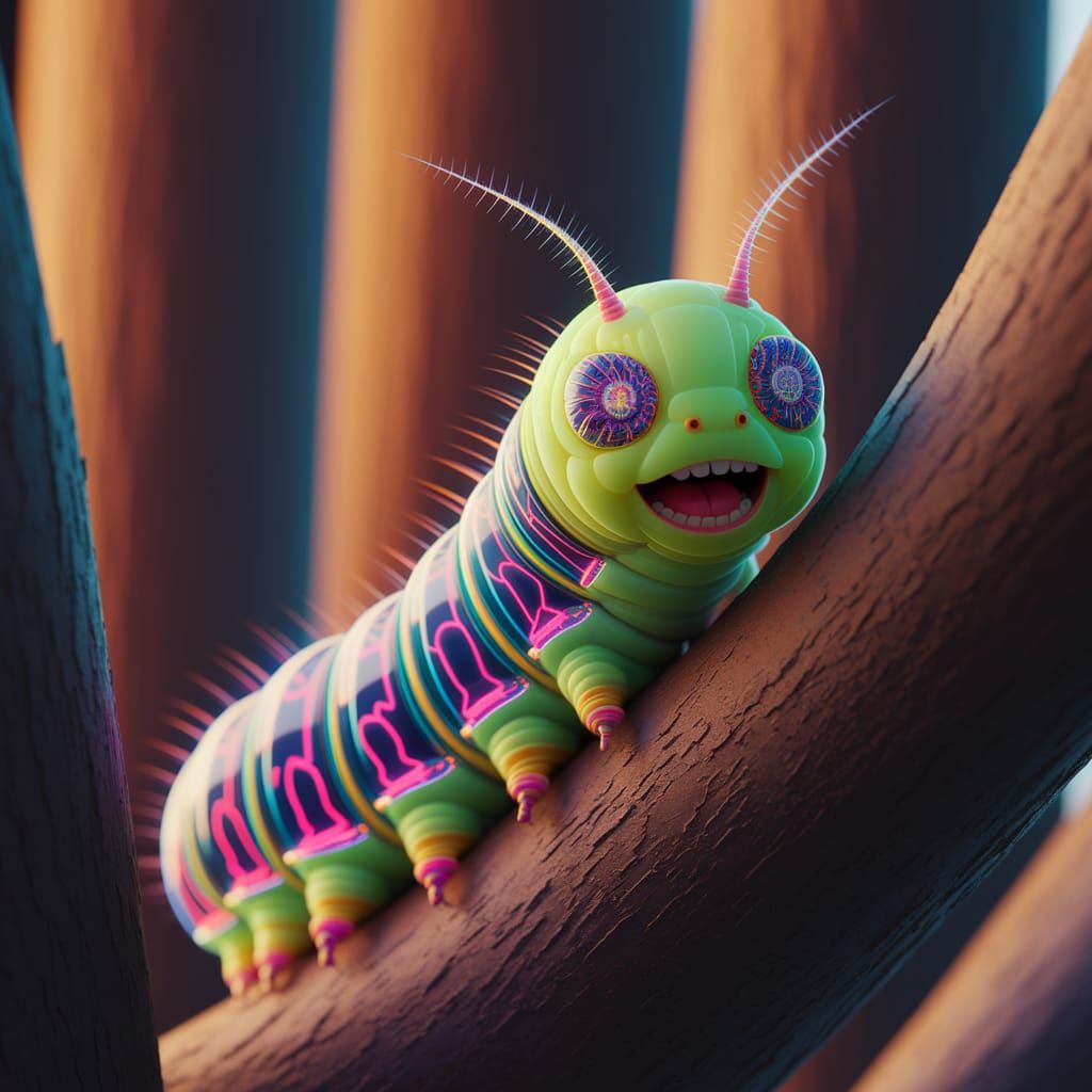 Psychedelic Caterpillar on Branch: Macro Photography