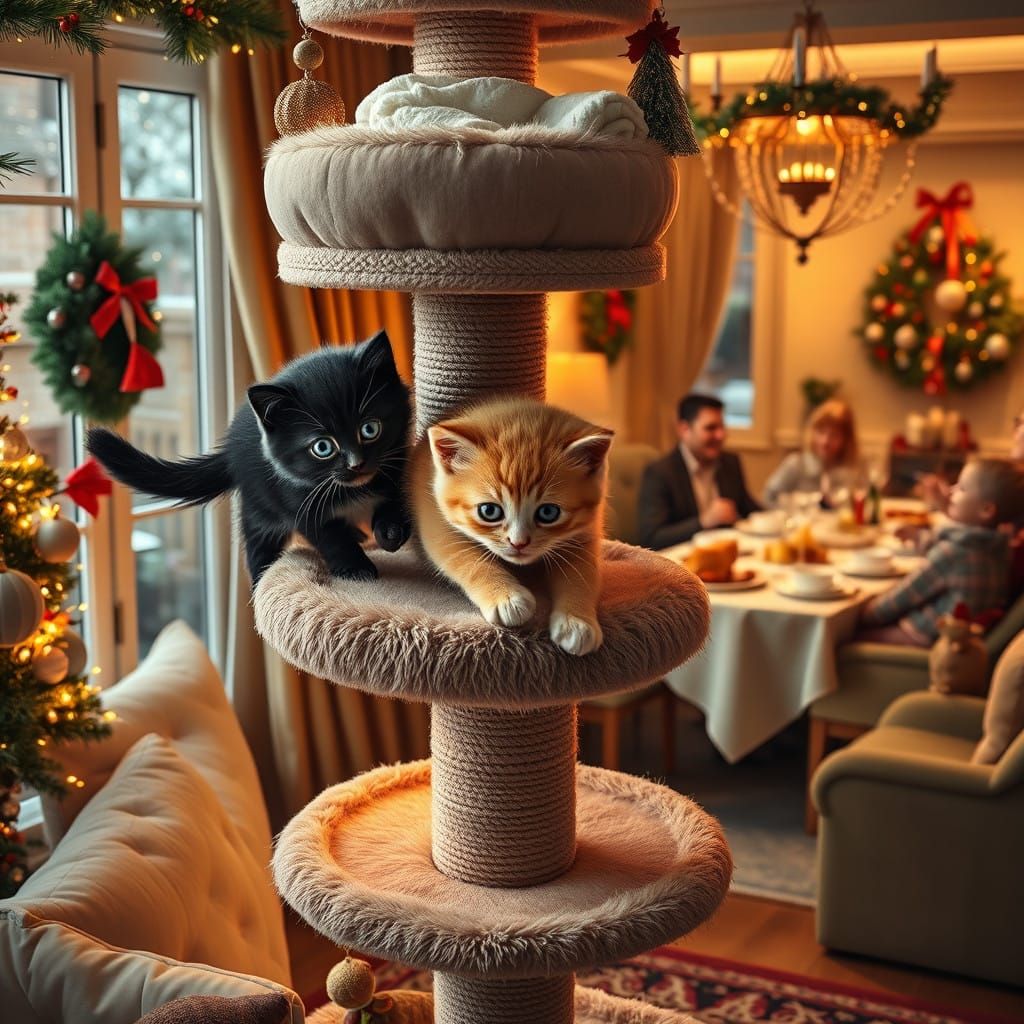 Vibrant Christmas Kitten Scene in Photorealistic Detail