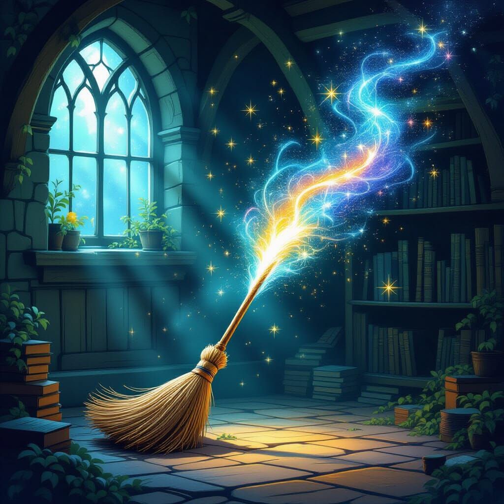 Magic Broom Sweeping Stardust in Dark Room