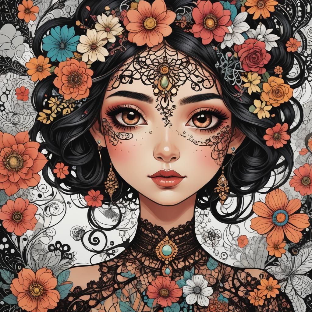 Whimsical Girl with Doodle Face in Pastel Colors