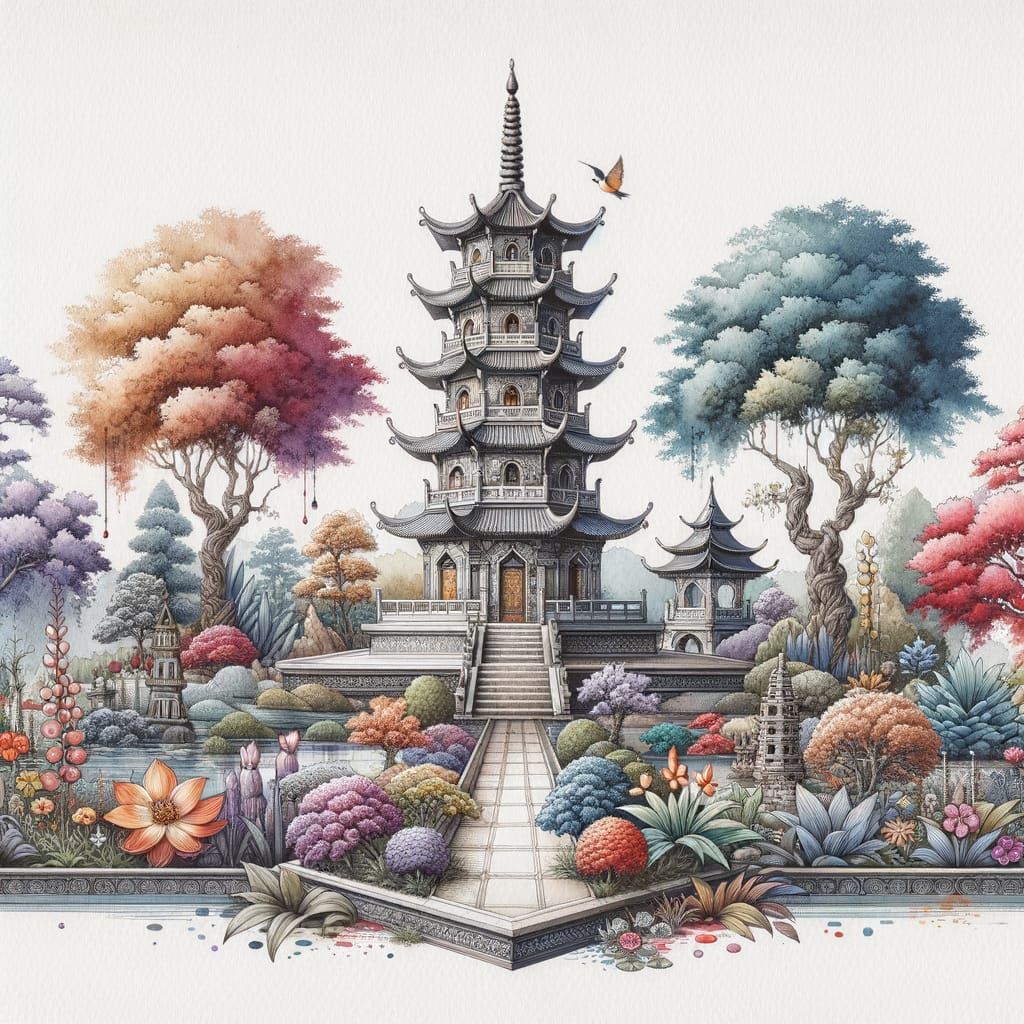 Watercolor & Alcohol Ink Pagoda in Split-Complementary Garde...