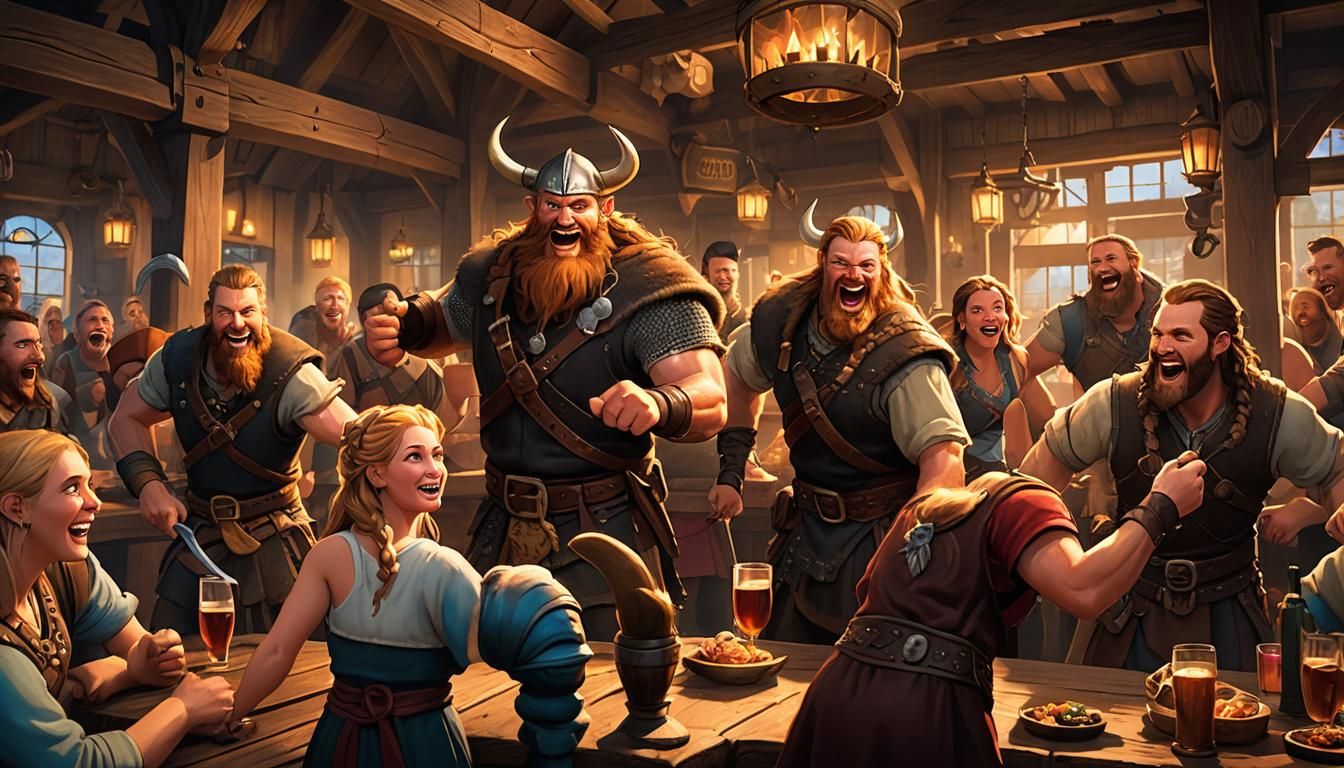 A Pixar style scene of a Viking tavern, lots of frothing Ale...