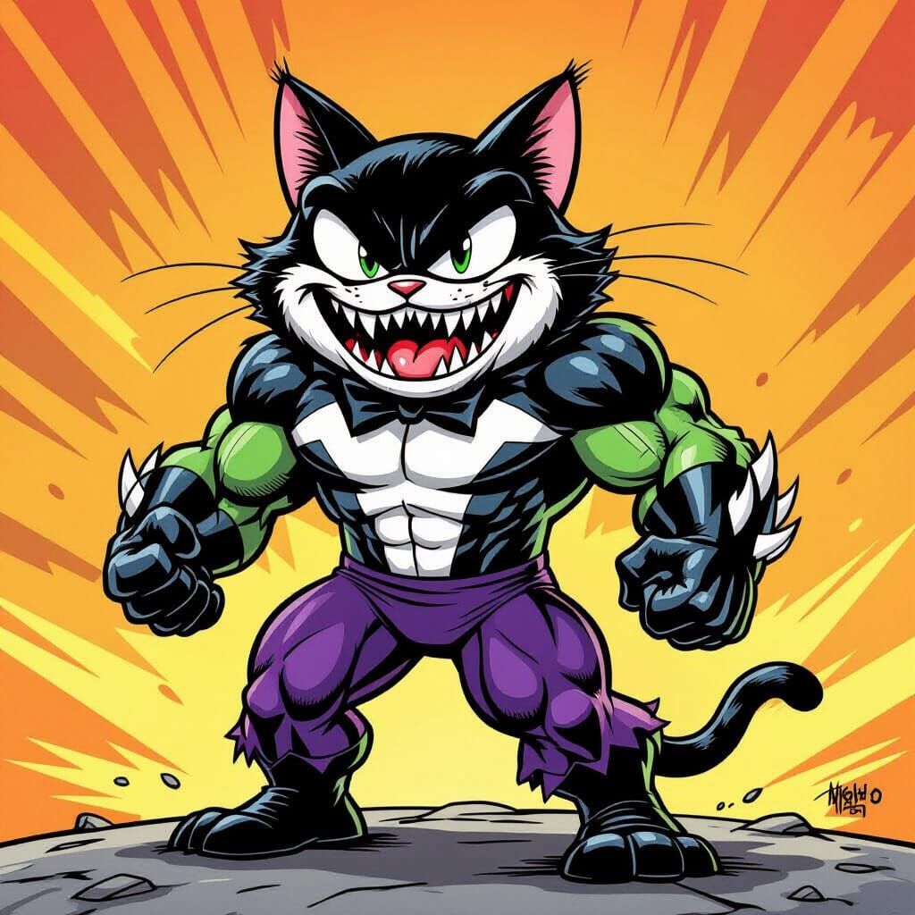 Felix the Cat, Venom, Hulk Hybrid in Comic Style