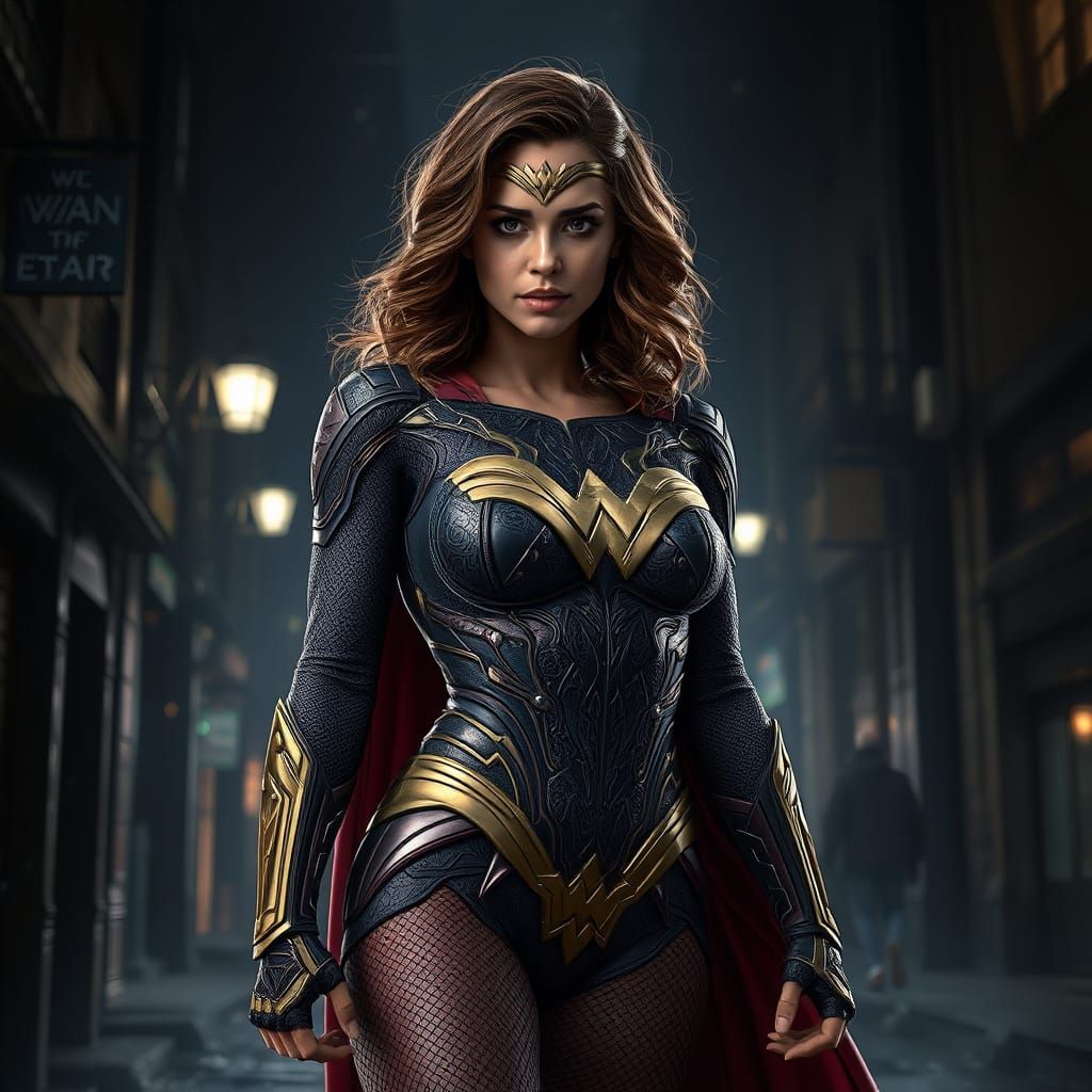 Dark Fantasy Superwoman Concept Art in Cyberpunk Cityscape