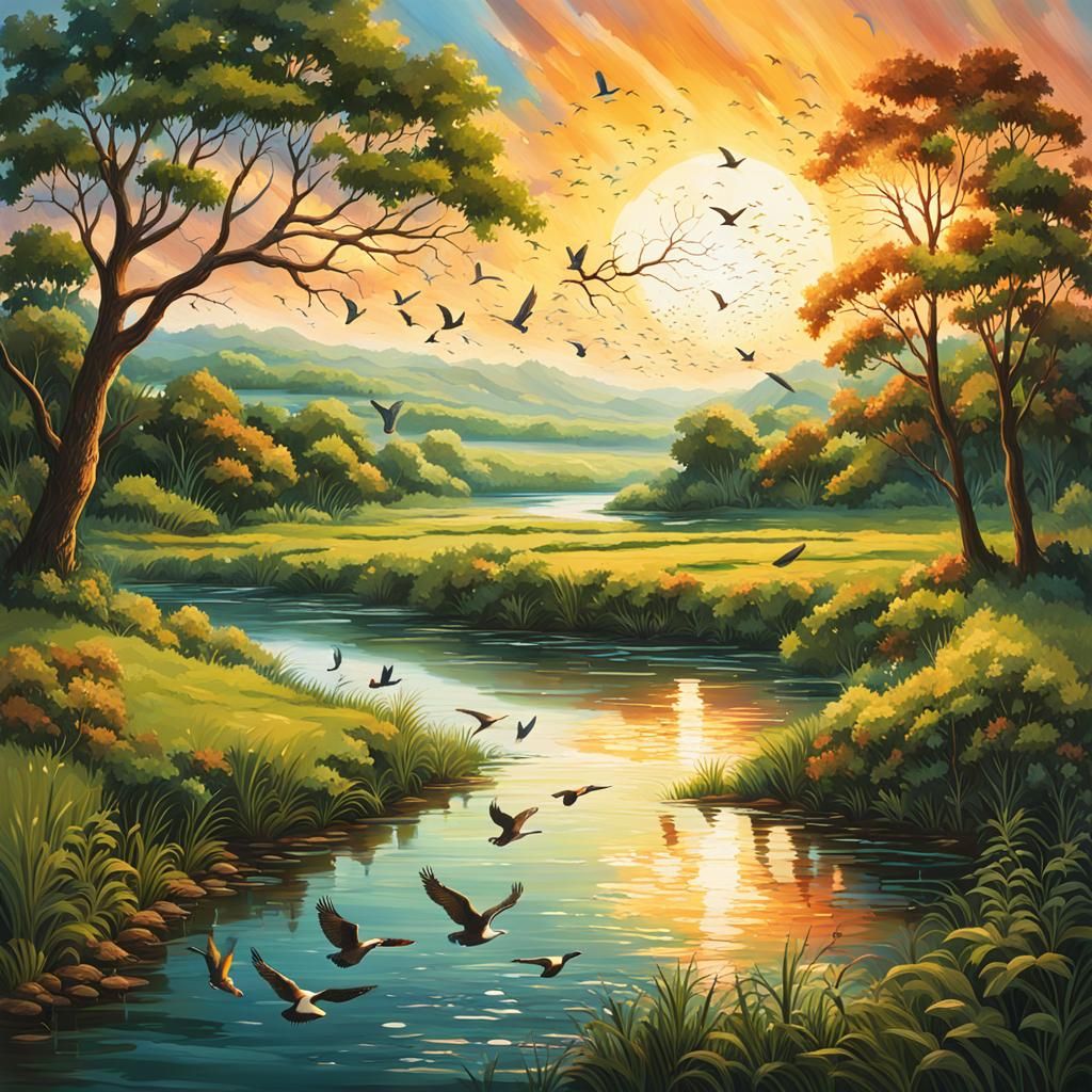 Hyperrealistic River Meets Ocean in Lush Landscape