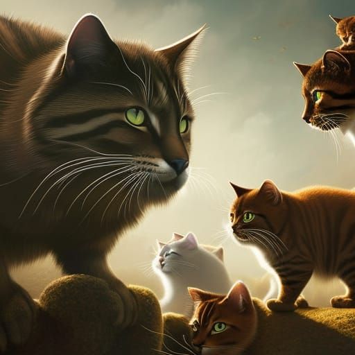 large group of cats,by artist"Kerby Rosanes",masculine pattern,ikea-fabrics-design, accurate conscientious detail, hd qu...