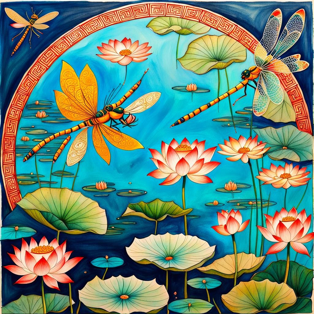 Lotus and Dragonfly in Tibetan Thangka Style