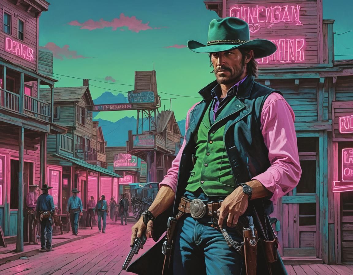 Gunslinger in Neon Western Town