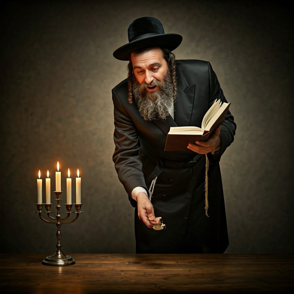 Jewish Man Contemplating Shabbat Candle Lighting in Intimate...