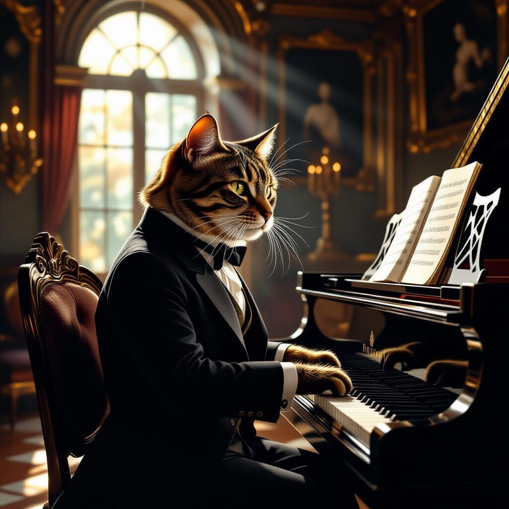 Contemplative Cat at Piano in Opulent Ballroom