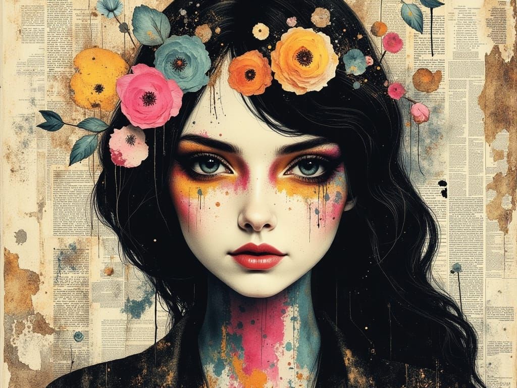 Muted Elegance: A Woman's Face in Vintage Newspaper Collage