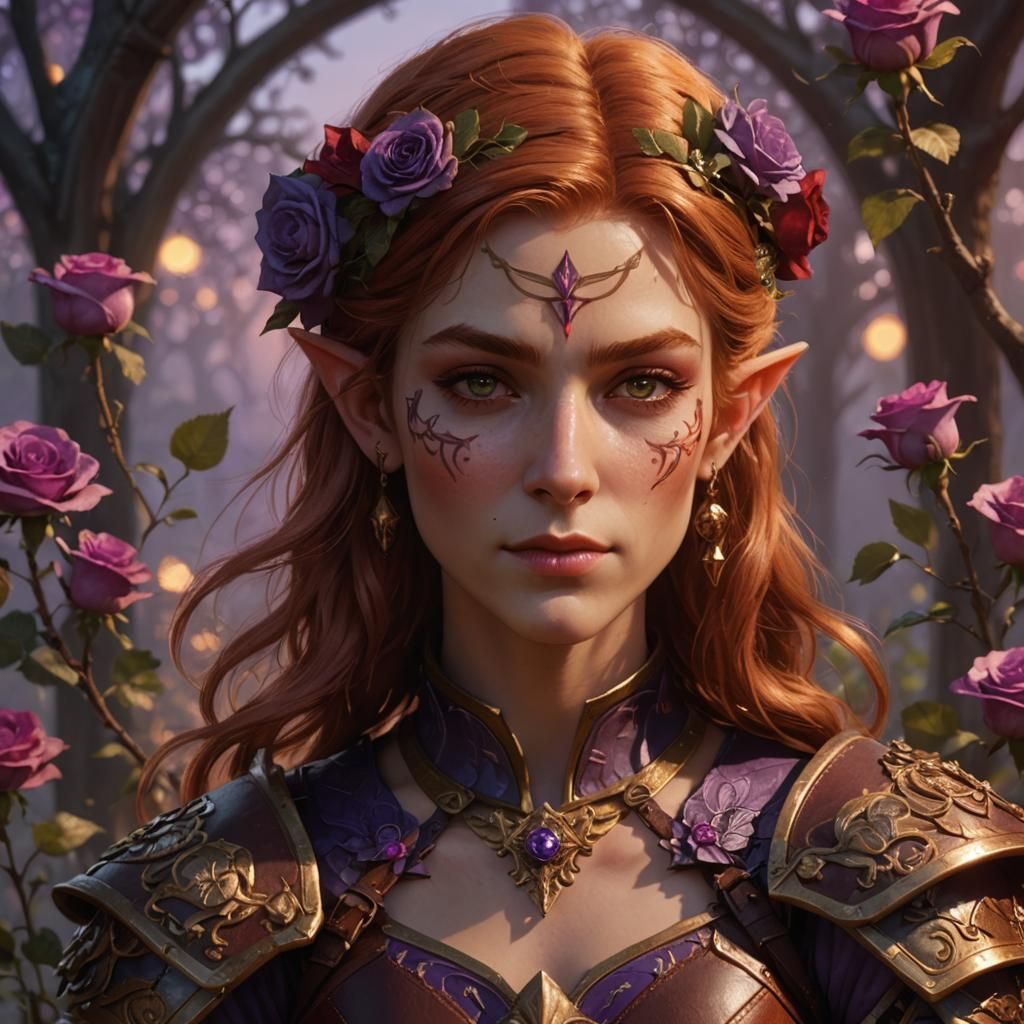 A female wood elf bard with ginger hair. She's wearing brown and red leather armor decorated with purple roses 8k resolu...