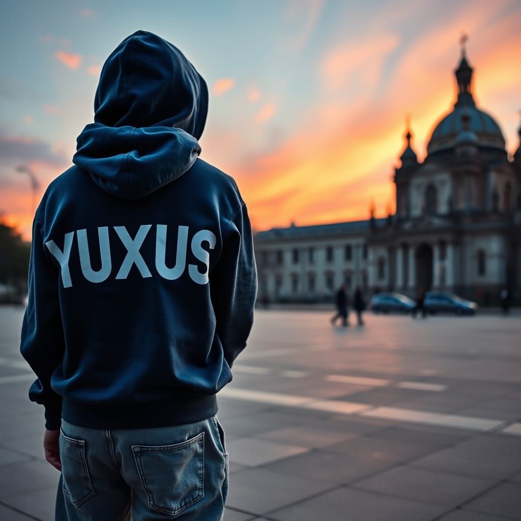 Teenager in Dark Blue Hoodie with YUXUS on Back, Against Bas...
