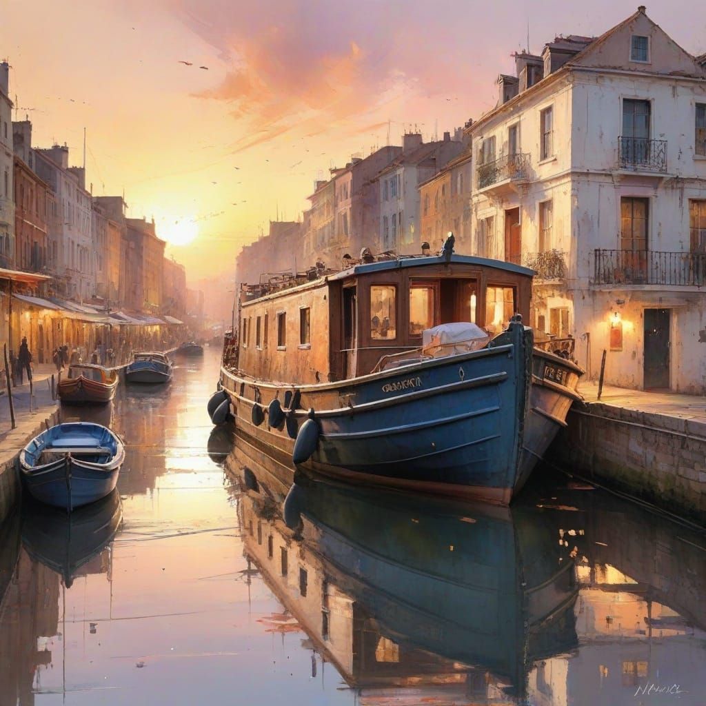 Ethereal European Canal Boat Scene at Sunset