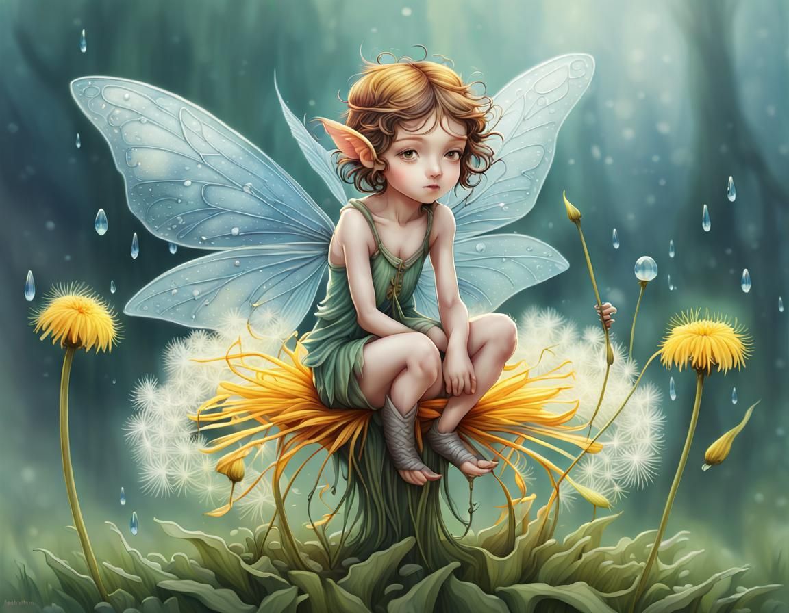 Hyperrealistic Fairy on Dandelion Watercolor Illustration