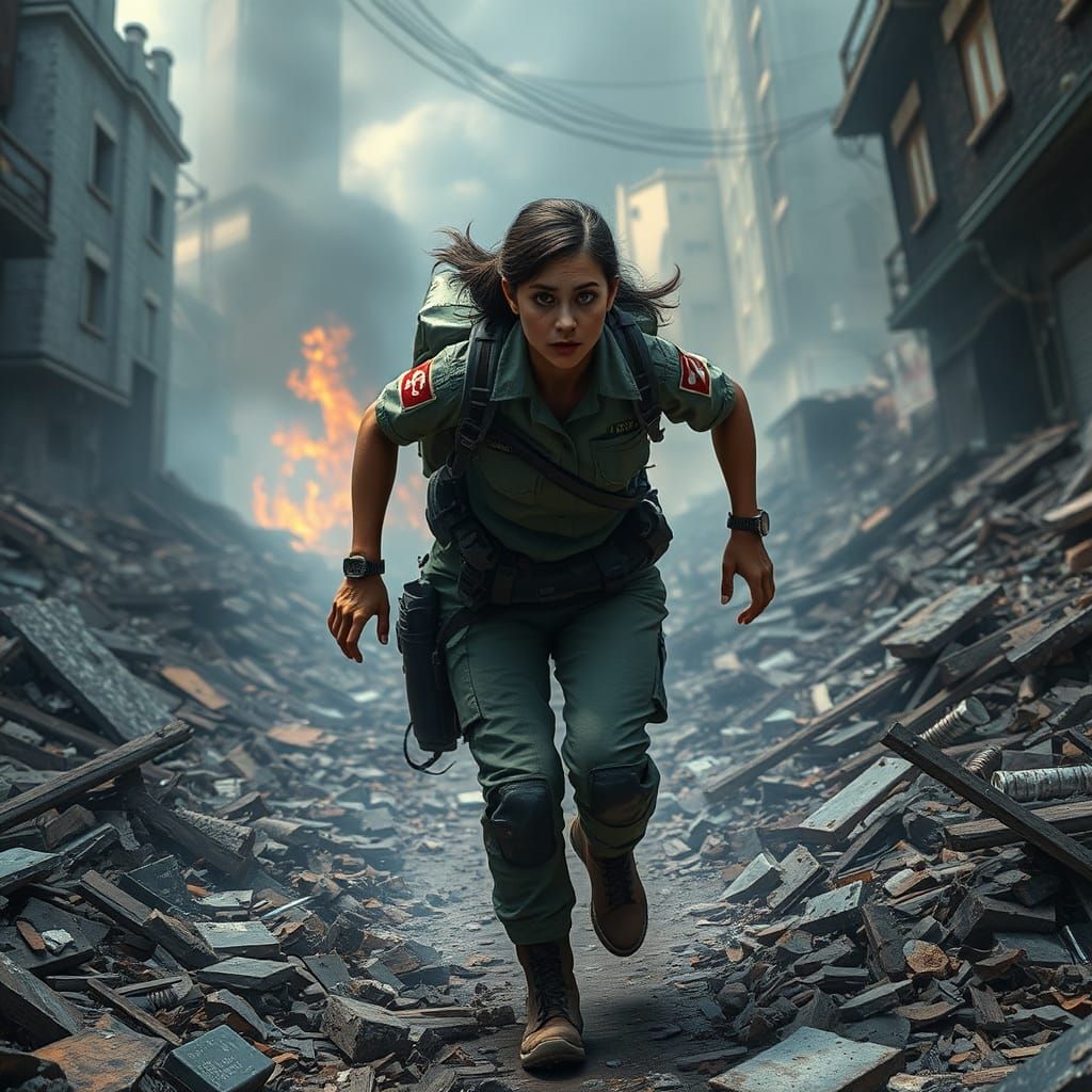 Determined Rescuer Amidst Chaos and Rubble
