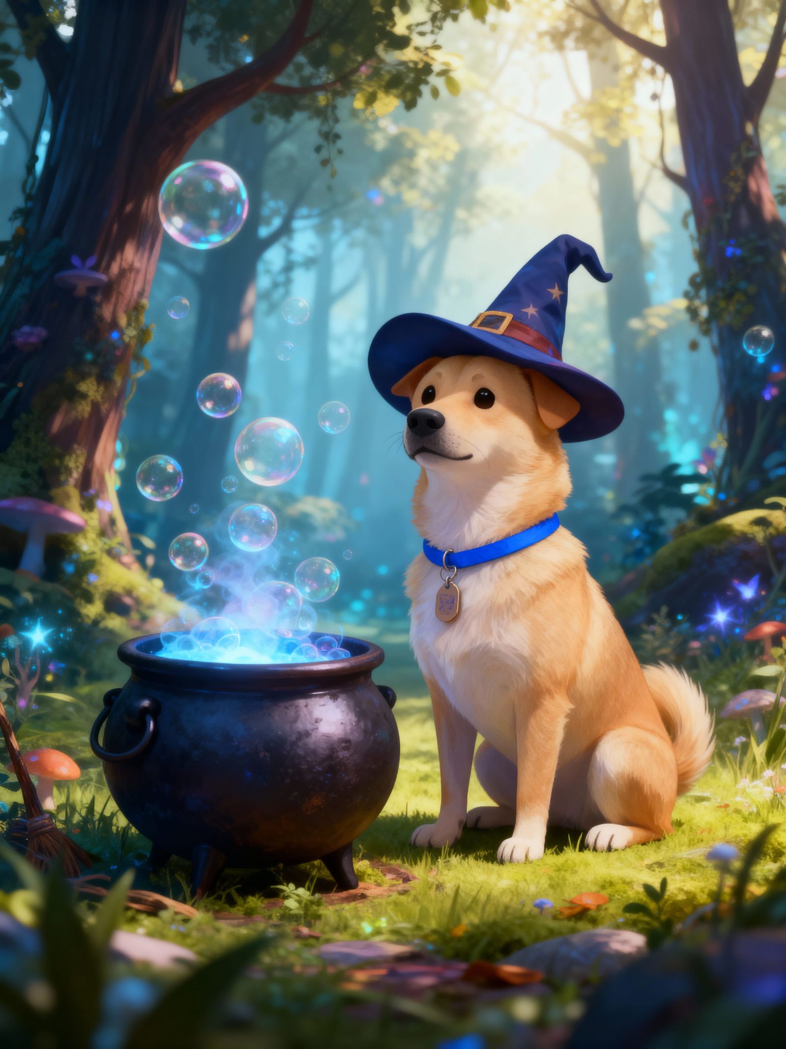Cute Wizard Dog in Magical Forest with Bubbling Cauldron