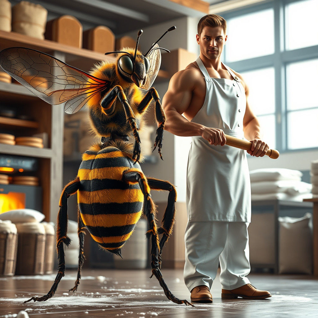 Muscular Bee and Baker in Bakery Setting