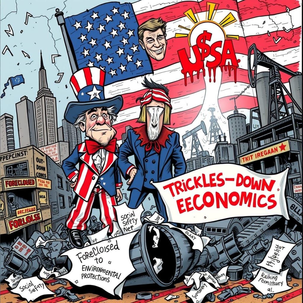 America in Ruins: A Satirical Cartoon of Reagan's Legacy