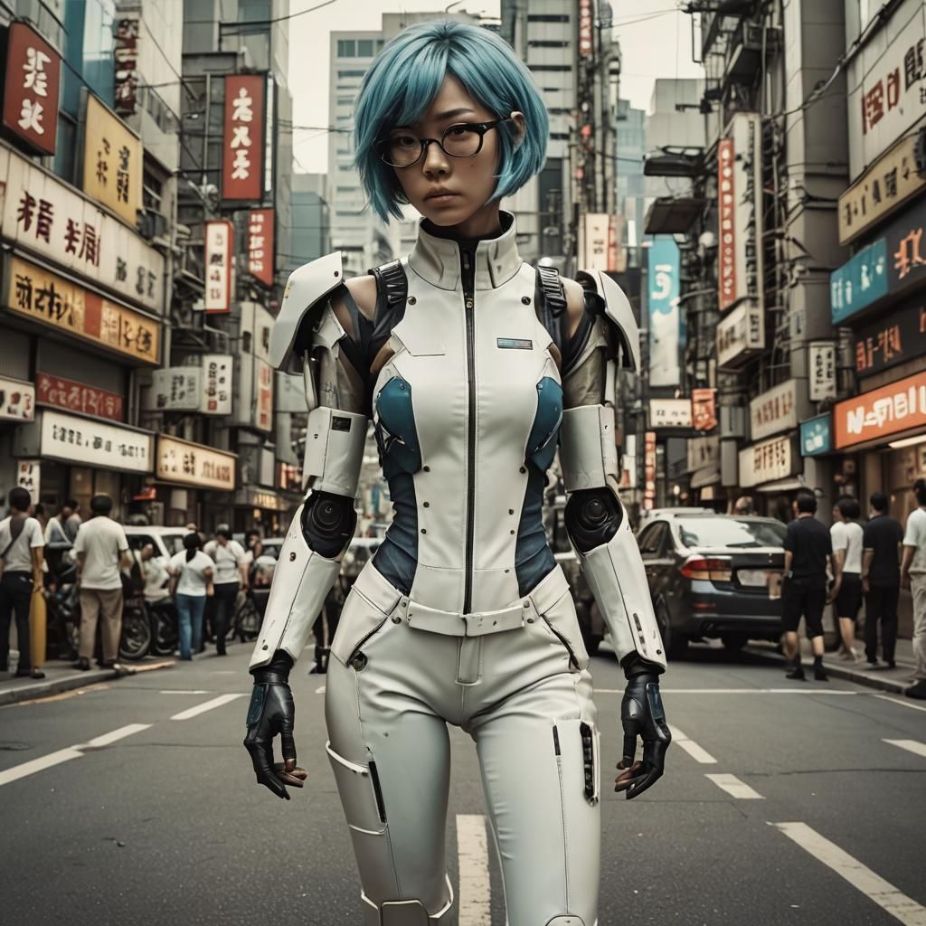 Cyberpunk Pilot in White Leather Suit with Mech