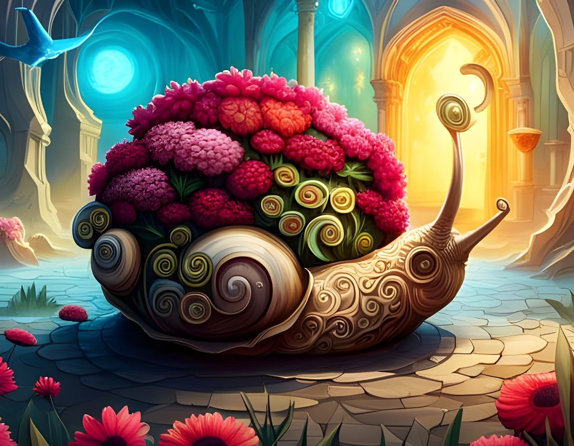 Fantasy Snail with House Shell in Lush Garden