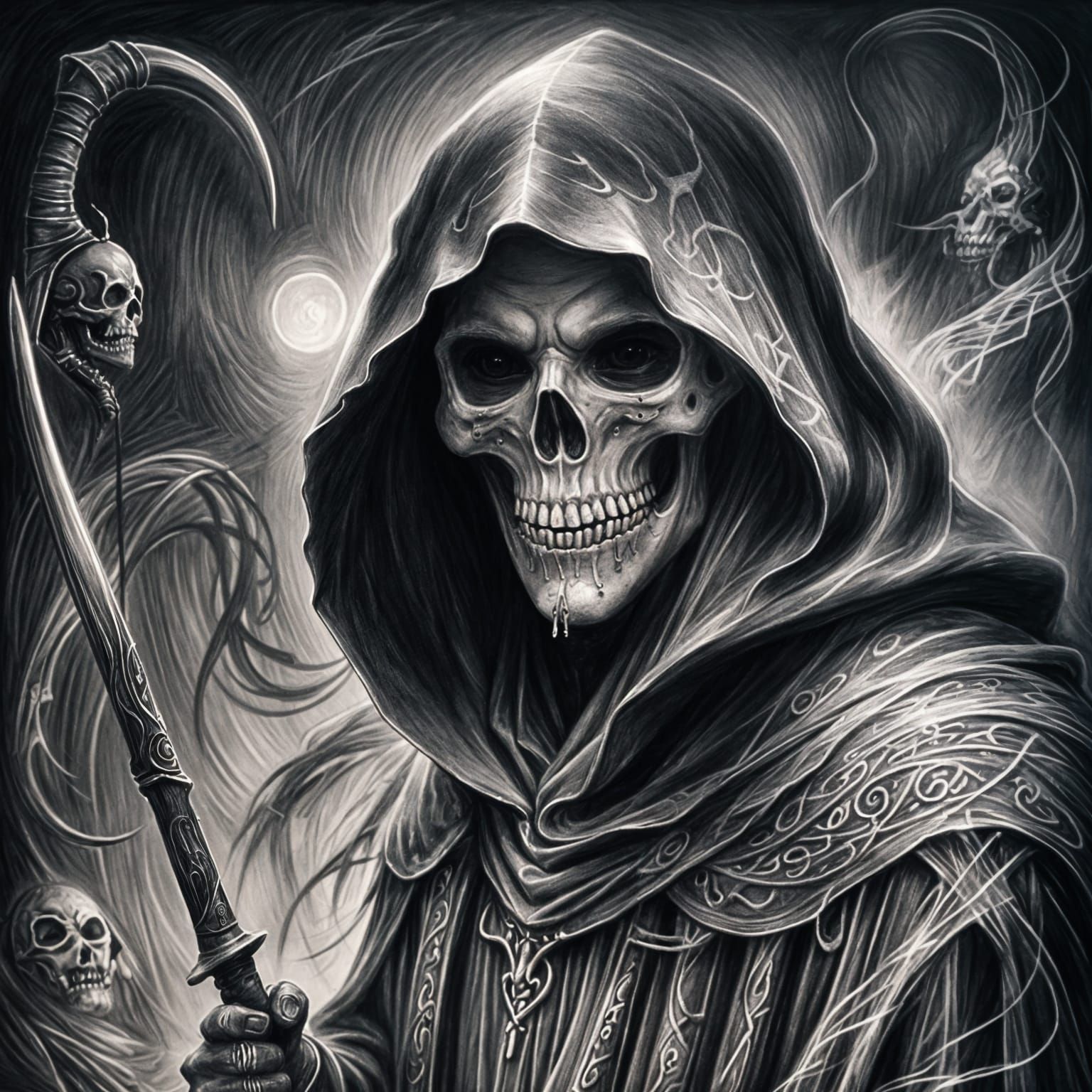 Hyperdetailed Charcoal Drawing of the Grim Reaper