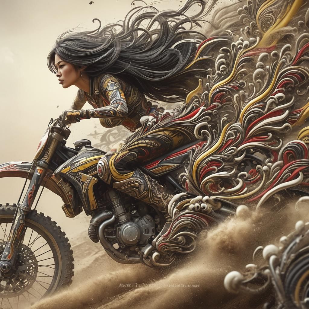 Thai Woman Soaring on Motocross Bike in Anime Style