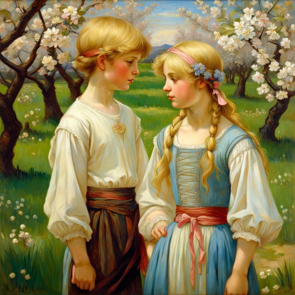 Blond Siblings in Cherry Orchard, Waterhouse Style
