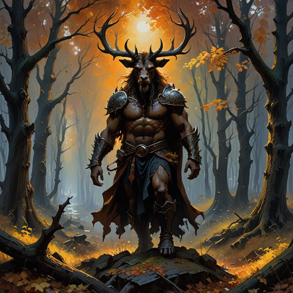 Surreal Minotaur Ascends Winter Tree in Dramatic Chiaroscuro
