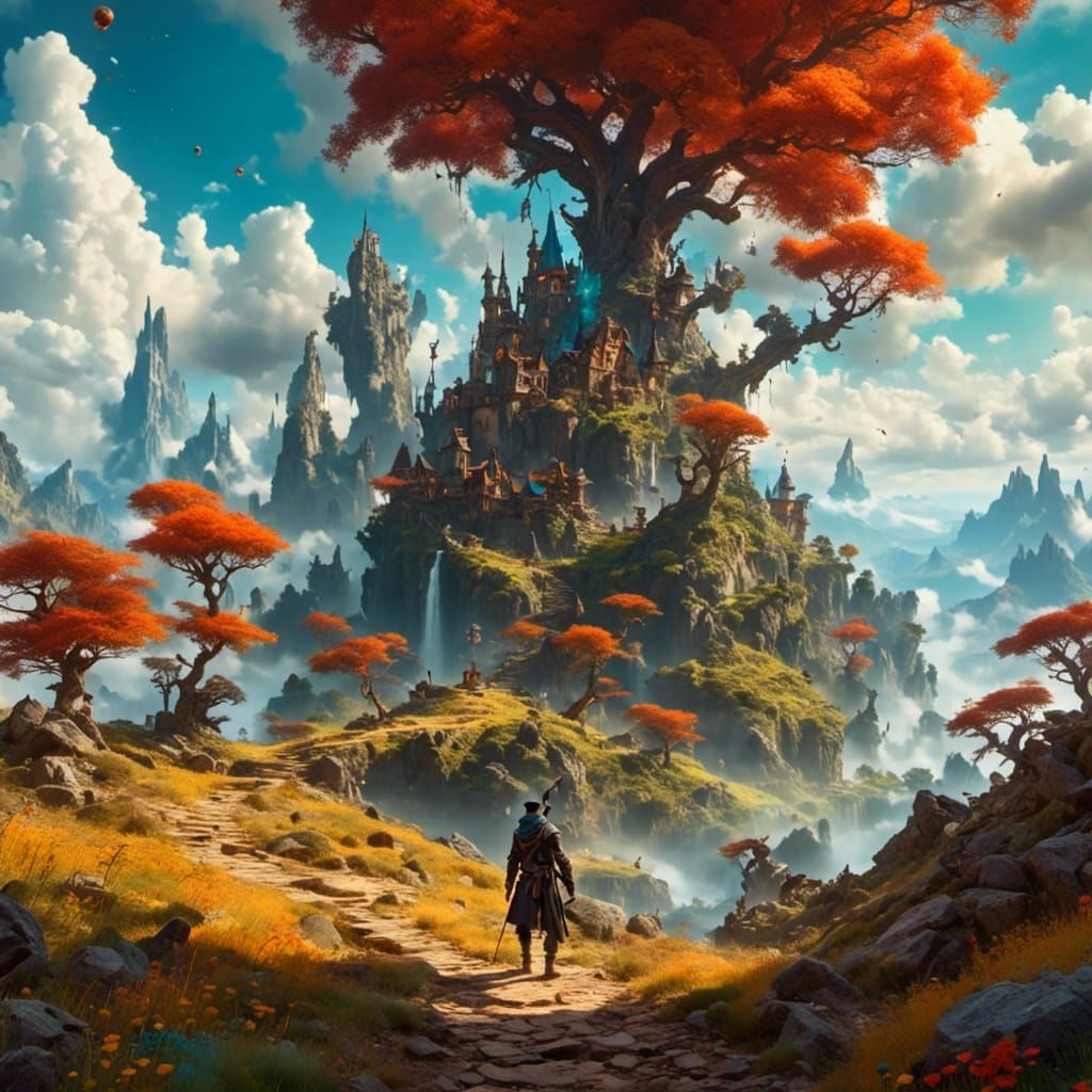 Adventurer's Journey in a Fantasy Anime Landscape