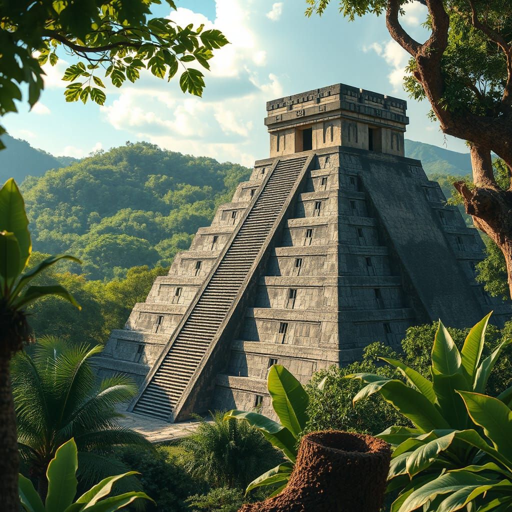 Mayan Pyramid in Jungle: Hyperrealistic Cartoon Illustration