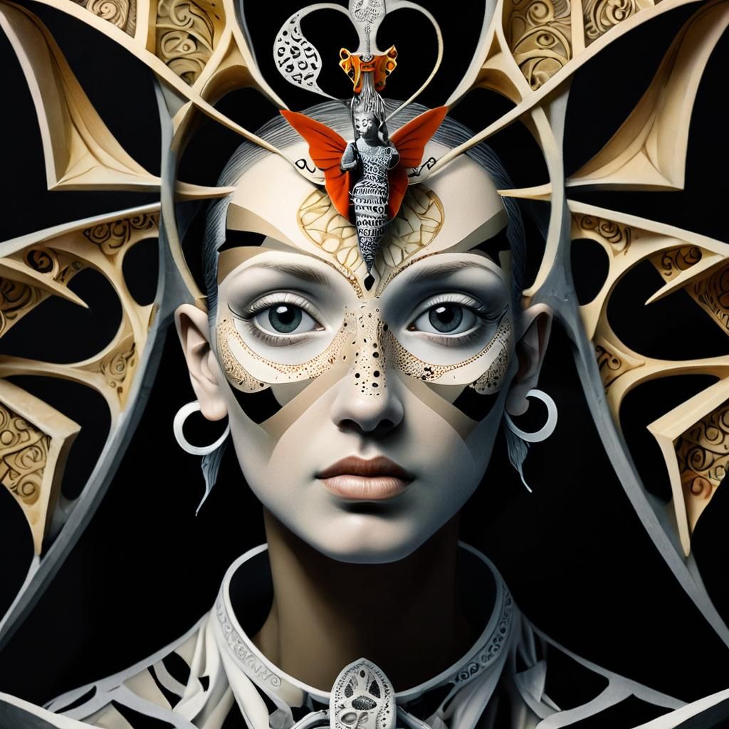 Surreal Angel in Fornasetti Wings, Bosch-Escher Landscape