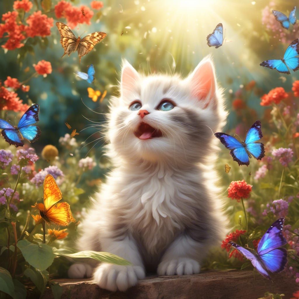 Kitten's Joy: Butterflies in a Sunny Garden