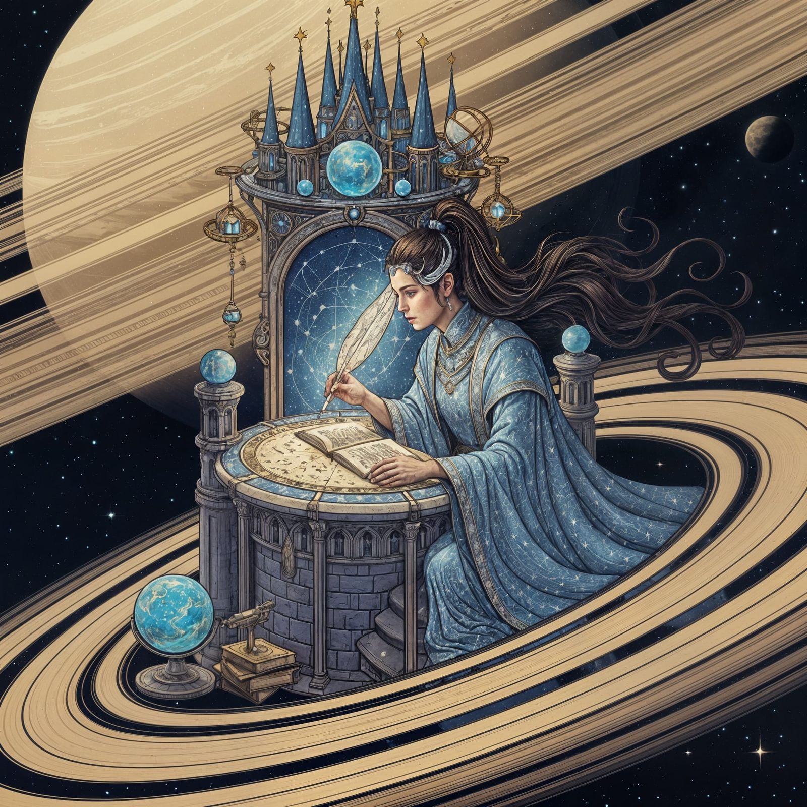 Celestial Calligrapher Inscribing Cosmic Poetry as Art Nouve...