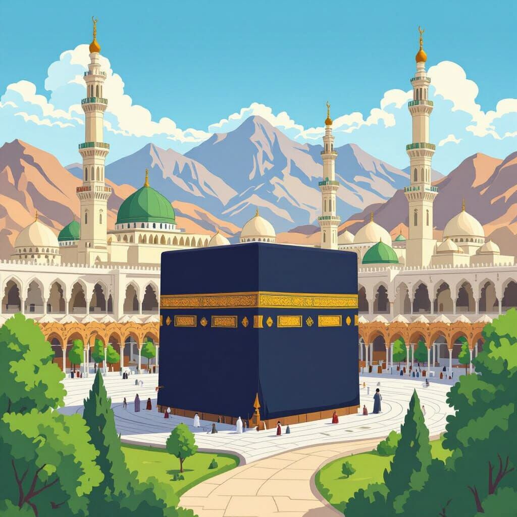 Vibrant Cartoon Kaaba and Masjid Nabawi Illustration