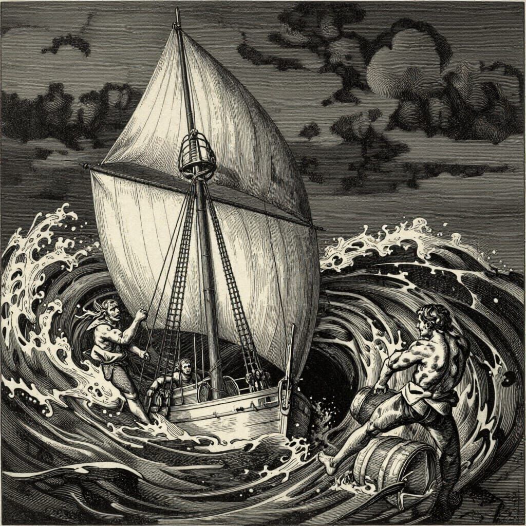 Ship Caught in Maelstrom Whirlpool, Sailors in Terror