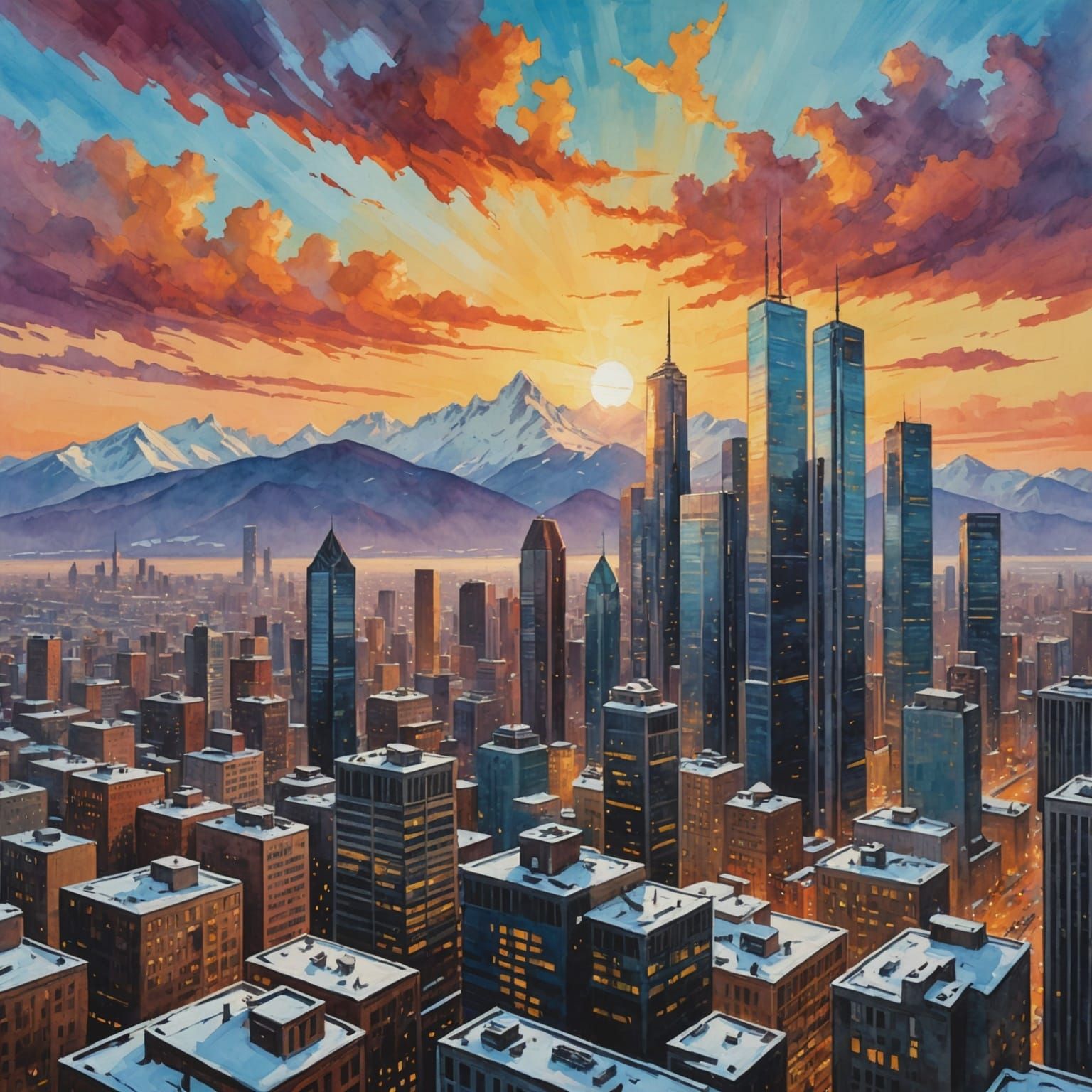 Cityscape Sunset: Gouache Impressionist Maximalist Masterpie...