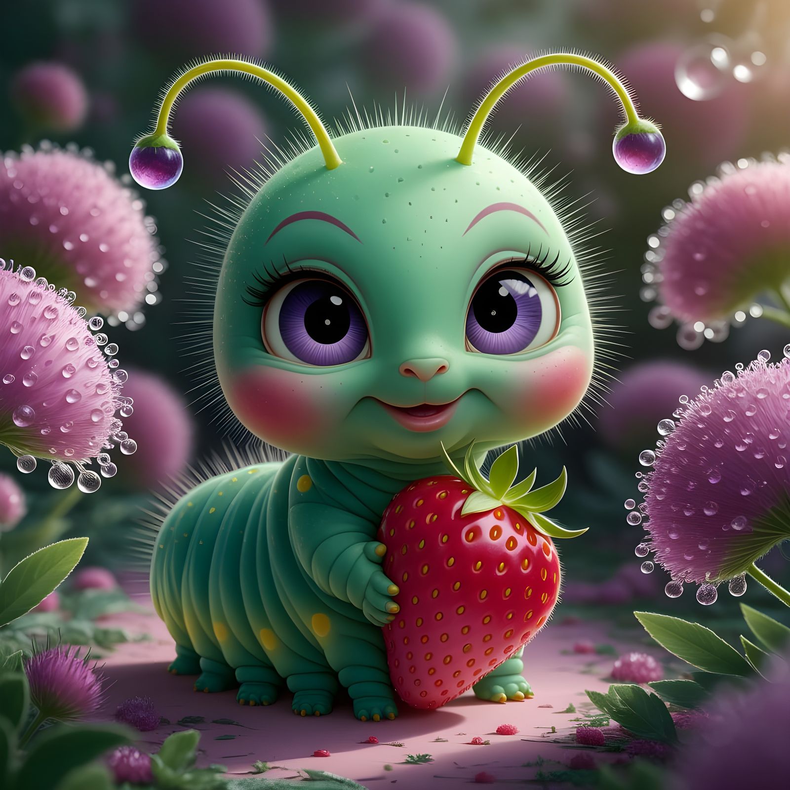 Cute Caterpillar with Strawberry in Dewdrop Forest