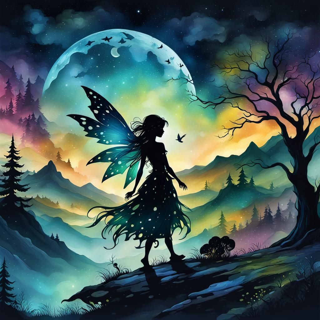Fairy Silhouette at Night in Dark Fantasy Style