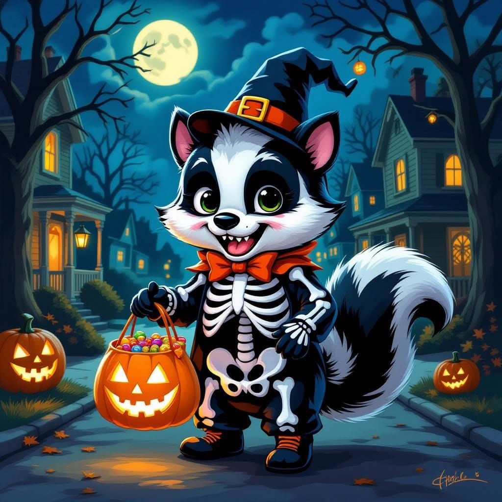 Skunk Skeleton Trick-or-Treating on Spooky Halloween Night