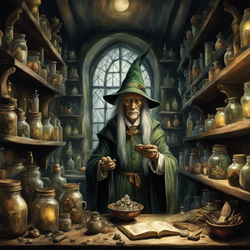 Whimsical Apothecary Wizard in a Dimly Lit Study