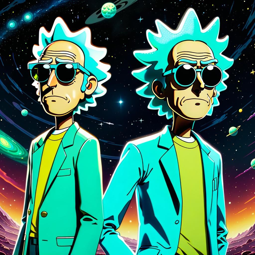 Rick and morty back to back with sunglasses on looking forwa...
