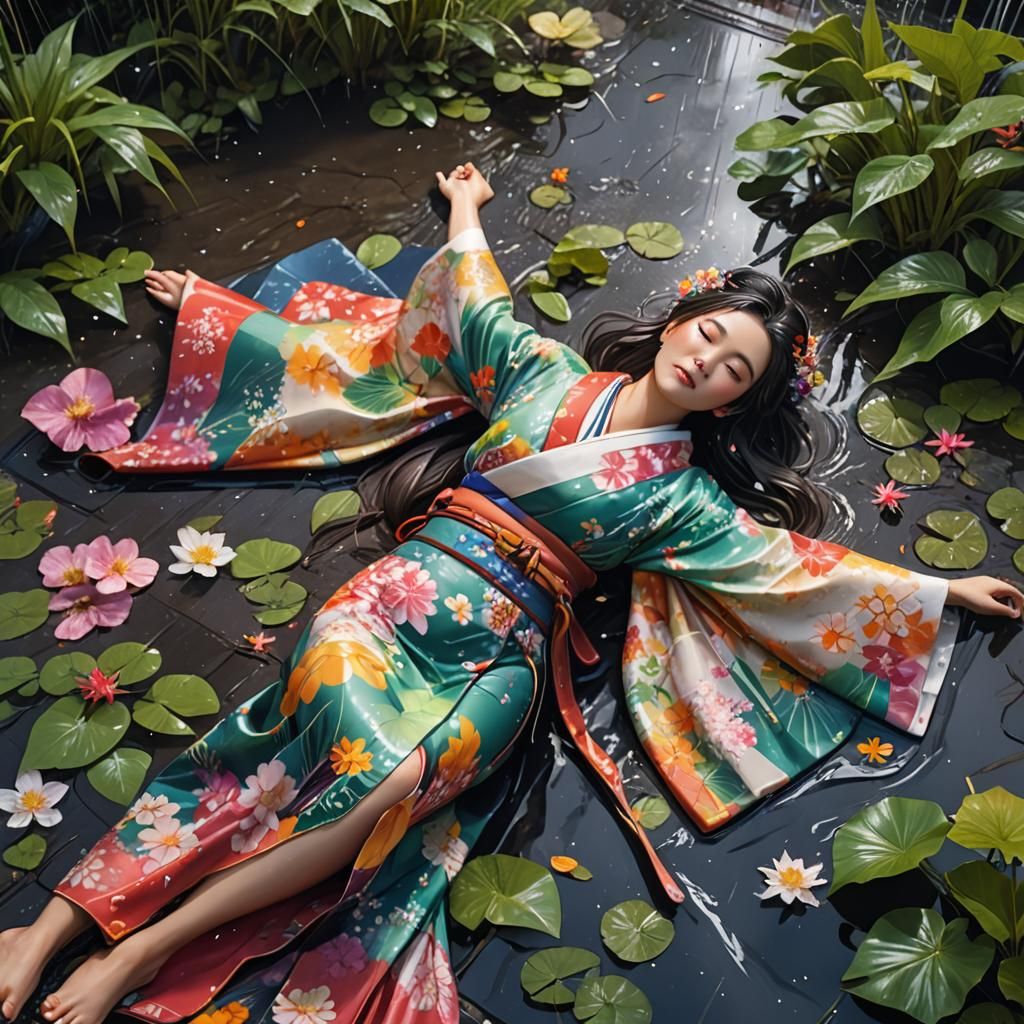 Japanese Girl Sleeping in Rainy Botanical Garden