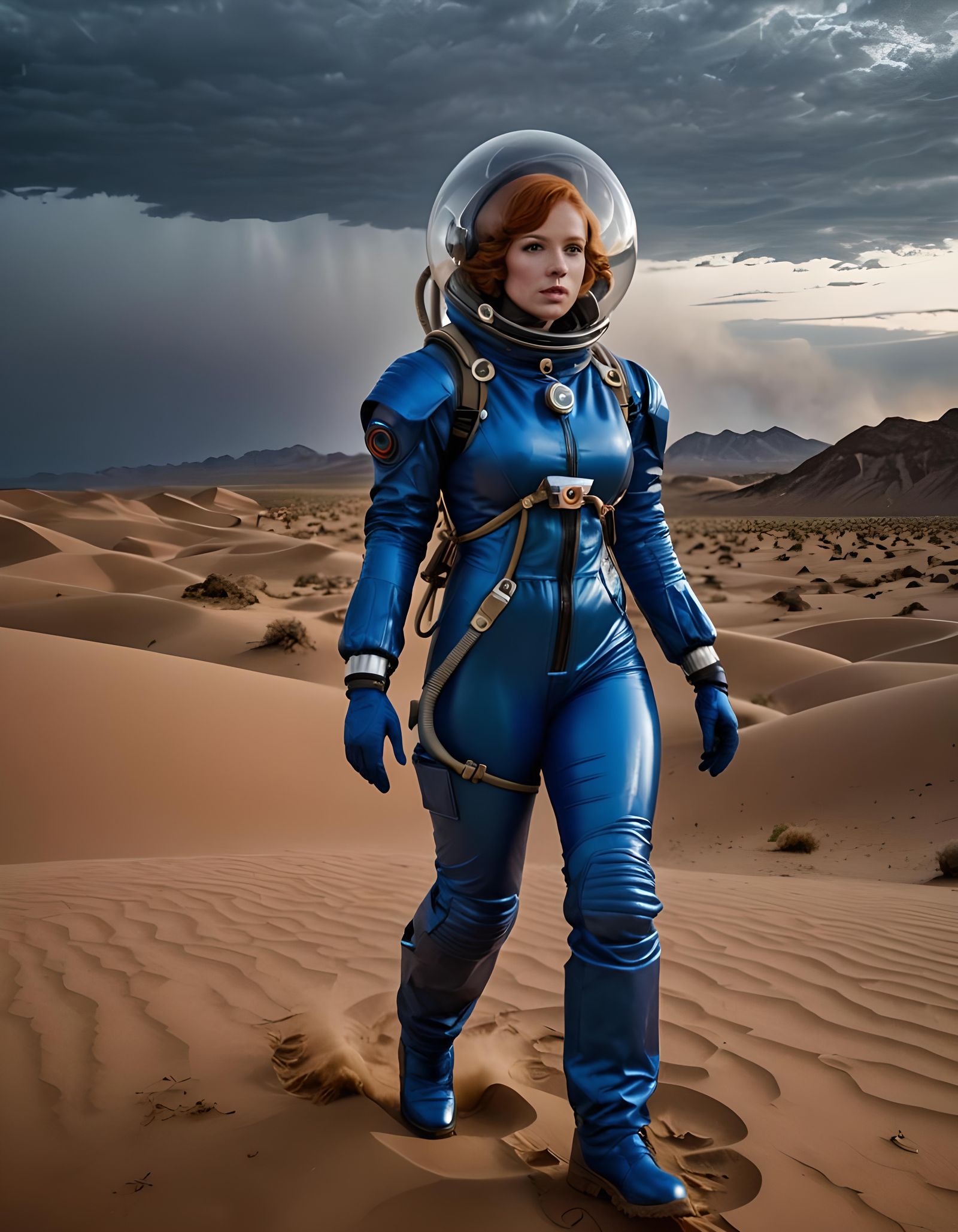 Redhead Astronaut in Blue Spacesuit on Desert Planet