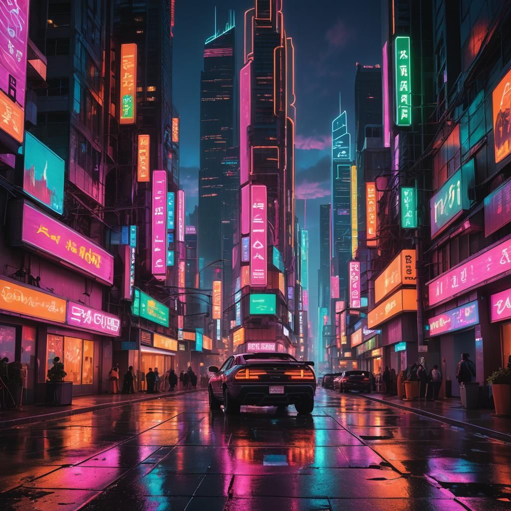 Neon Cityscape at Dusk in Retrofuturistic Style