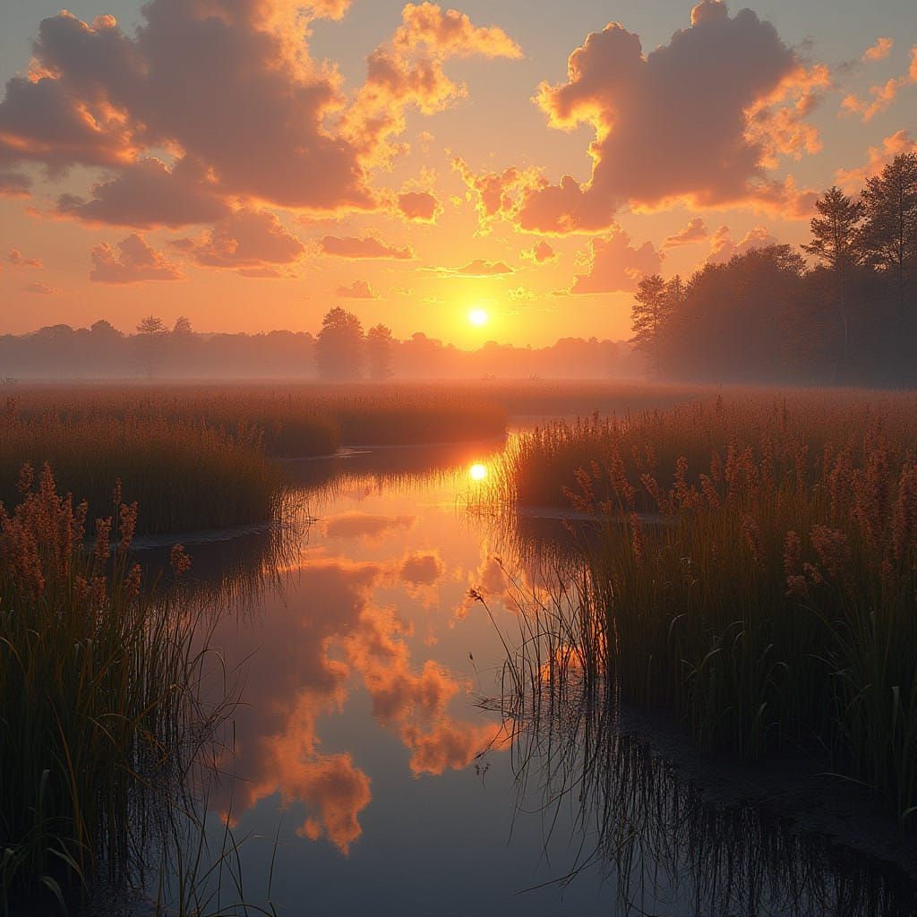 Golden Hour Impressionism at Serene Ponds with Majestic Reed...
