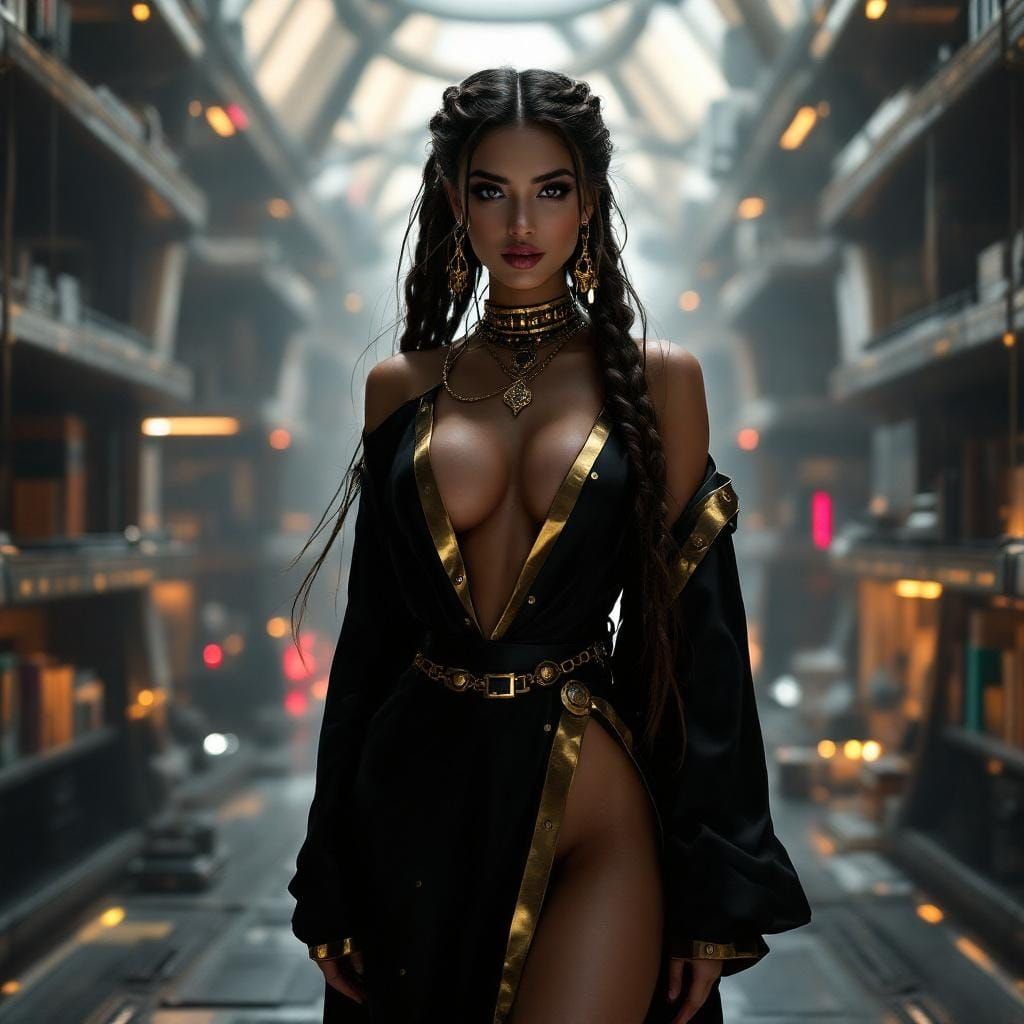 Cyberpunk Arabian Woman in Futuristic Library